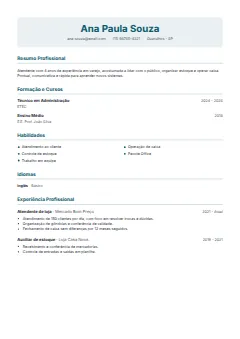Exemplo de currículo no modelo Primeiro Emprego