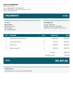 Modelo de orçamento Destaque: total bem à vista